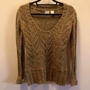 BKE tan/brown with hints of blue with burnt orange stitching sweater, size S